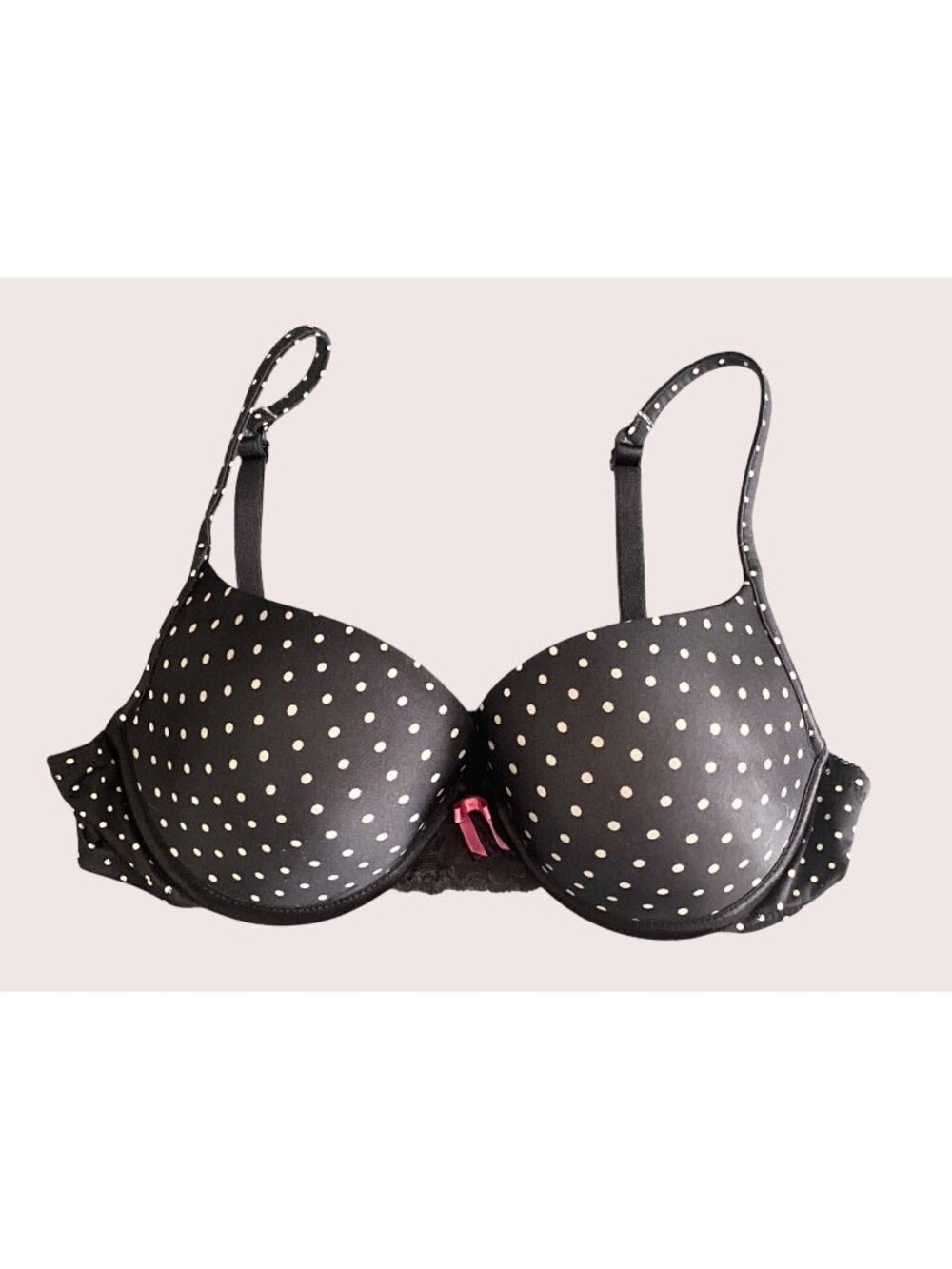 Hanes Bra Demi Coverage PushUp Black White Dots Bow Underwire Padded Women 36C